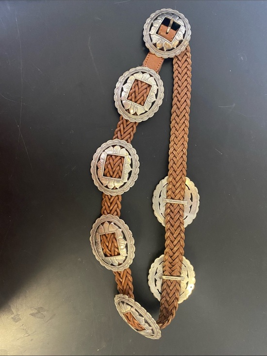 1990s Accessories - 1990s vintage Braided Brown Leather Concho Belt with Silver-Tone Medallions